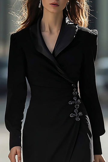 Black Sheath Long Sleeves Midi Blazer Dress With Slit